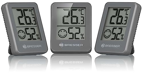 Bresser Temeo Termómetro, higrómetro, set de 3 higroindicadores para colocar de pie o en la pared con indicador de temperatura interior, gris