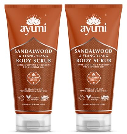 Ayumi Sandalwood Exfoliating Body Scrub to Calm Irritation|Sensitive Skin Scrub with Jojoba Oil |Aromatic Scrub with Ylang Ylang Essential Oil | Body Scrub for Women & Mens Skincare Rituals |2x200 ml