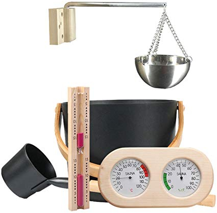 Bexdug Saunazubehör,Klassisches Sauna-Zubehörset 5-teilig, Saunakübel aus Holz mit Kelle Sanduhr,Praktisches komplettes Saunazubehör-Set,Thermometer,Hygrometer Sand Sanduhr Saunareimer Für Dampfbad