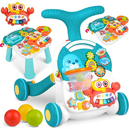 RICOKIDS Interaktiver Schieber, Gehhilfe, Lerntafel, Tisch, weiß und blau, 2in1, RK-810, verstellbar, für die Entwicklung der Kleinmotorik, Laufen lernen