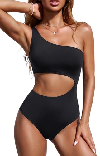 Yonique Women's One Piece Swimsuit- One Shoulder Bathing Suit Cutout Tummy Control Swimwear Black M