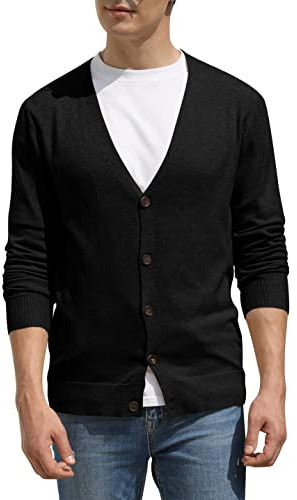 Hisir Men's Knit Cardigans Jumpers Lightweight Classic Soft Wool V Neck Cardigan with Buttons, Long Sleeve Knitwear Pullover Sweaters for Men, Mens Gift (Black, M)