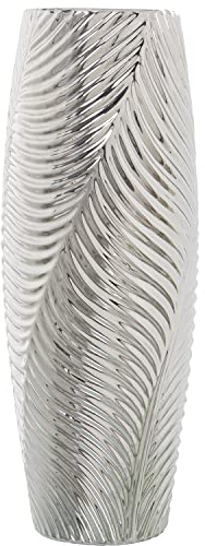 DRW Jarron de Suelo de Ceramica con Hojas en Plateado 15x40cm