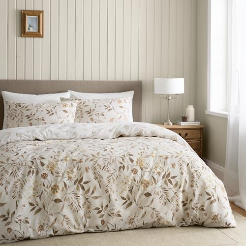 Catherine Lansfield Isadora - Set copripiumino reversibile con federe, motivo floreale, per letto super king size, colore: naturale