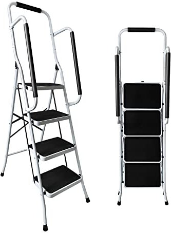 Escalera Plegable con 4 Peldaños Antideslizantes,Acero, Pedal Ancho, con Un Diseño Compacto, Escalera de Tijera Escalera doméstica, Carga de 150 kg, Negro