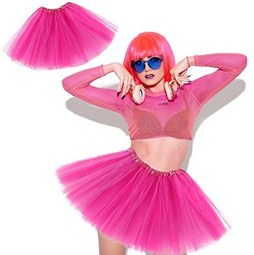 Beamely Women's Tulle Tutu Skirts for Teen Adult, 6 Layers Mesh Bubble Skirt Classic 80s Fancy Dress Costume Elastic Tutu Skirt for Dress Up, 80s Party, Halloween Party, Dancing Rose Red
