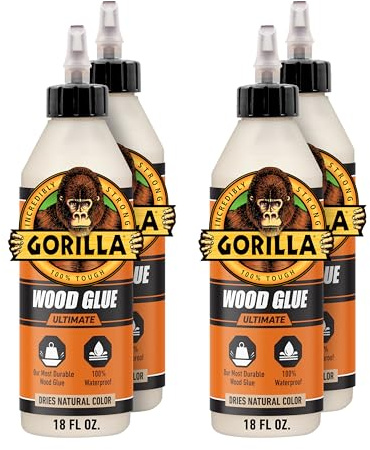 Gorilla Ultimate Waterproof Wood Glue, Natural Wood Color, 18 Ounce (Pack of 4) - Waterproof for Indoor or Outdoor Projects and Repairs