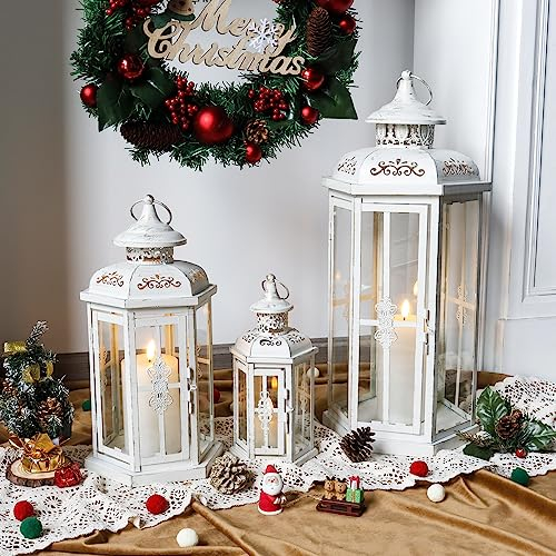 JHY DESIGN Set di 3 lanterne decorative per candele, 50 cm, 35,6 cm e 25,4 cm, per esterni, in metallo, vintage, per interni ed esterni, eventi, parità e matrimoni (bianco con pennello oro)