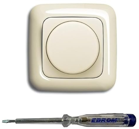 Busch Jäger 6523U-102 LED-Drehdimmer LED-Dimmer mit Dimmerscheibe Zentralplatte 2115-212 und Einfachrahmen in DURO2000 cremeweiß glänzend inklusive EBROM Phasenprüfer zur Montage des Dimmers