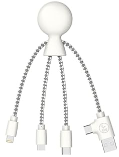 Xoopar - Câble Multi USB 4 en 1 en Forme de Pieuvre - Chargeur Universel en Plastique Recyclé - Prise USB, USB-C, Lightning, Micro USB - Compatible avec tous les Smartphone - Mr Bio Blanc