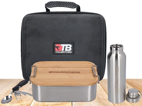 Toolbrothers Sac repas avec boîte à déjeuner en acier inoxydable + gourde en acier inoxydable 600 ml + couverts multifonctions 4 en 1 + sac rigide de marque (set avec couvercle en bambou 1200 ml)