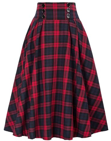 DayaEmmoTQ Señoras Largo Vintage Elegante Invierno Falda A-Line Cintura Alta Midi Plisada Casual Elástica Círculo Otoño Escocesa Swing Falda