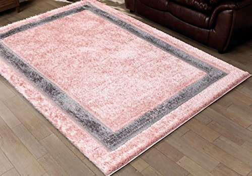 Modern Shaggy Rug Bordered Solid Design Large Area Rug for Bedroom Living Room Fluffy Floor Mats Small Door Mats (Pink, 80 x 150 cm)