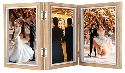 TESSTSY Faltbar Bilderrahmen Collage, 3er Bilderrahmen Holzbilderrahmen mit Glasscheibe Bilderrahmen 3 Fotos Teilig Bilderrahmen für 3 Bilder Fotorahmen Portraitrahmen für Hochzeit, Familie Geschenke