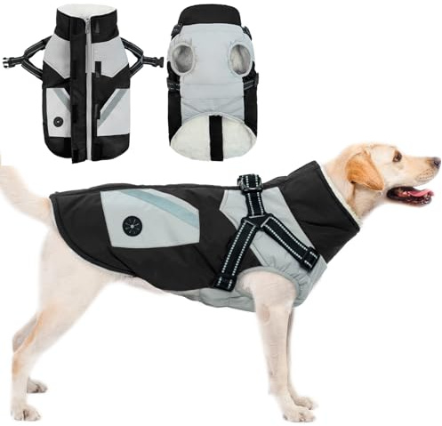 Hunde Wintermäntel mit Geschirr, Hundejacke Fleece wasserdichte Winterweste Hundepullover Hundegeschirr Winter Fashion Sports Hundemantel mit Brust Gurt Hundeanzug Winter(Schwarz, L)