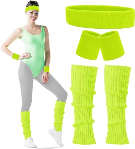 Carnavalife Déguisement des années 80 pour femme avec bandeau + poignets + chauffe-jambes Couleur fluo Gym, accessoires années 80, bandes de sport 80 ans Vert