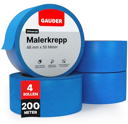 GAUDER Ruban de Masquage pour Peinture - Ruban Adhésif de Précision pour Travaux de Rénovation, Décoration et Bricolage - Bande de Peinture Facile à Retirer sans Résidus (4 Rouleaux - 48 mm x 50 m)