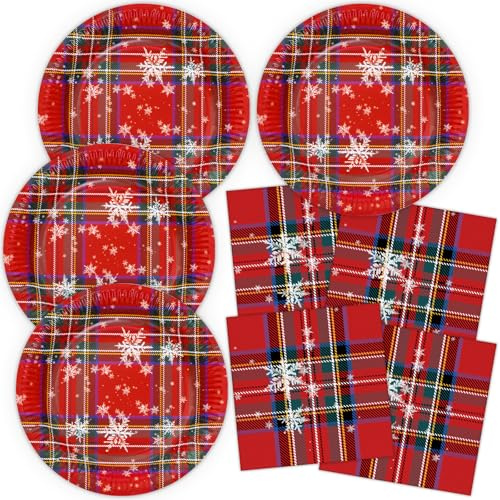 HNH Assiettes de Noël, Rouge écossais Lot de 40 Serviettes en papier de table Vaisselle de fête jetables pour Noël