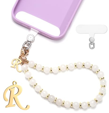 lasuroa 1 Set Handyband mit Perlen, Initialen Handyanhänger Band Abnehmbar Handykette mit Handyband Patch Freihändig Handyarmbandkette für Frauen Mädchen Geschenk (Buchstabe R)