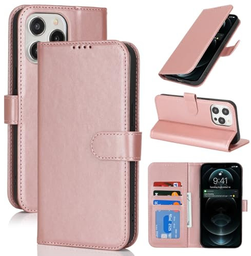 Zouzt Case for iPhone 13 Pro Max / 12 Pro Max (6.7 Inch), Premium PU Leather Wallet Case with Credit Card Holder Slot Flip Folio Kickstand Shockproof Protective Phone Cover (Rose Gold)