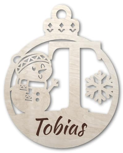 Urhome Weihnachtskugel personalisiert mit Wunschtext Gravur Buchstabe T mit Schneeman Motiv Hell Braun - Ornament Christbaumschmuck Weihnachtsdeko Weihnachtsbaum Anhänger aus 6,5mm Holz