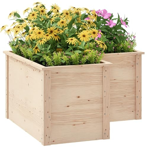 Outsunny L-formad växtlåda, upphöjd trädgårdssäng, utomhuskruka med öppen botten, blomlåda i trä för uteplats uteplats, 120 x 120 x 62 cm, naturligt trä