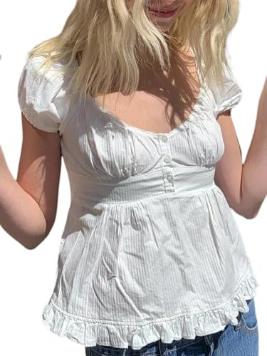Kvinnor Y2K Babydoll topp – spets magtröja puff ärm skjorta fyrkantig hals t-shirt smal passform vintage fe brandy Melville blus skjorta, Vitt, L