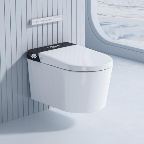 Aidoflo Intelligente Wandtoilette – Einteiliges verlängertes WC mit beheiztem Sitz, automatischer Spülung, warmem Wasser und Warmlufttrockner,LED-Anzeige,Fußsensor-Bedienung, Fernbedienung,AI-SMART-X