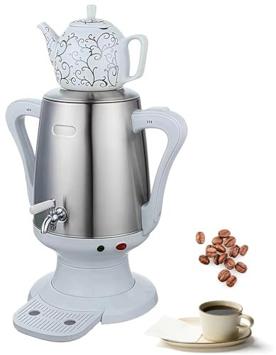 DOJOEUU Electric Turkish Tea Maker, 4L Stainless Steel Pot and 1L Ceramic Tea Cup, Boil Dry Protection, Split Coffee Maker with Filter, Teapot Set for Coffee, Scented Tea, Turkish Tea(White)