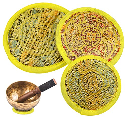 HYTROVE 3 Stück Tibetische Klangschalen Unterlagen mit Stickmuster Gelbe Matte für Meditation Yoga