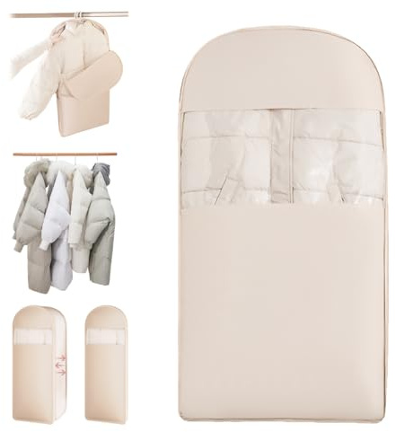Vakuumbeutel zum Aufhängen, Space Saving Hanging Garment Bag with Self Compression Zipper, Vakuumbeutel für Bettdecken, Kleidung, Anzüge, Kleider, Mäntel oder Jacken (Haferfarbe, L, 1 Stück)
