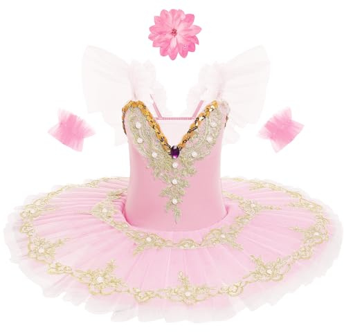 IDOPIP Robe Ballet Enfant: Tutu Danse Classique Fille Justaucorps Danse Fille Ballerine Costumes Paillettes Broderie sans Manches Plateau Tutu - Spectacle De Ballet Danse Rose 130