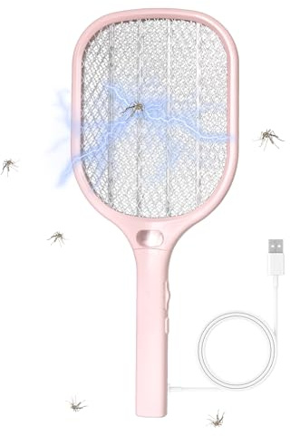Electric Fly Swatter Racket 3000V Bug Zappers, Mosquito Zappers USB Rechargeable, 1200mAh Mosquitoes Killer Lamp & Fly Zappers with 3 Layer Safety Mesh for Home, Bedroom, Kitchen, Patio (1Pack-Pink)
