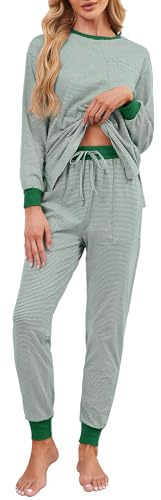 Namatime Schlafanzug Damen Lang Baumwolle Pyjama Winter Rundhals Nachtwäsche Langarmshirts und Pyjamahose Grün L