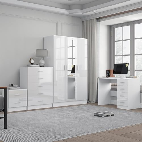 Reflect 3 Door Mirror Wardrobe, 5 Drawer Tallboy Chest, 2 Drawer Bedside Table & Desk/Dressing Table | White Gloss & Matt White Finish | Modern Bedroom Furniture Set