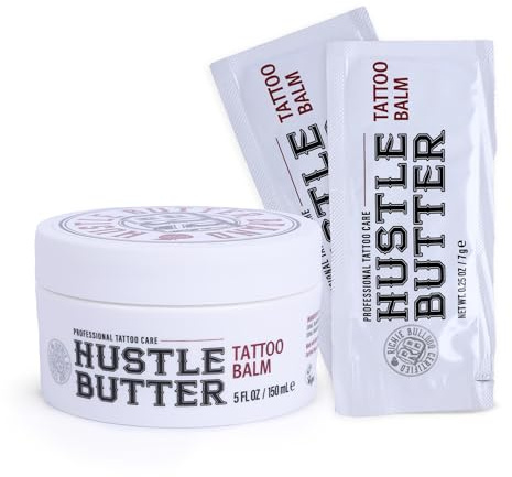 TATTOO HUSTLE BUTTER DELUXE ORIGINAL – Vegan Tattoo Aftercare Cream 150ml & 2 Sachets (7.5g) for Travel – Mango, Papaya & Shea Butter Support Healing – Reduces Redness and Swelling