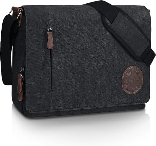 Leathario Besace Homme en Toile et Cuir Véritable, Sacs d'épaule Sac Bandoulière Rétro Vintagepour Travail Voyage Loisirs Bureau Université Ecole