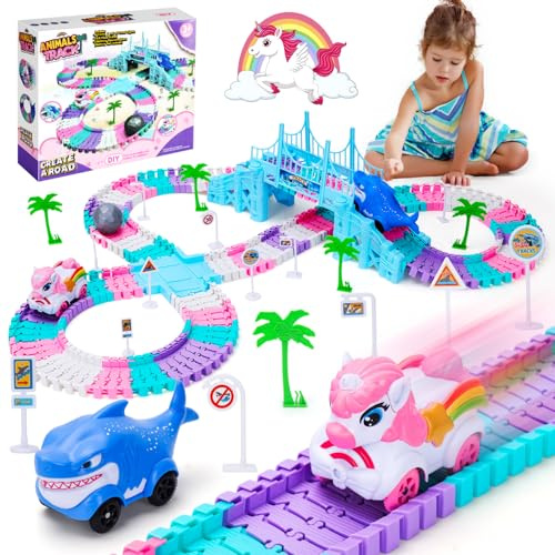 Race Track Toys for 3 4 5 Year Old Girls: Shark & Unicorn Gifts for Girls Kids Toys Age 4 5 6, Car Track Construction Toy Birthday Present for 3-9 Year Old Girl Gifts (194PCS)