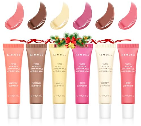 KIMUSE Tinted Lip Butter Hydration Balm Set, 6 Flavored Shades Hydrating Plumping Gloss with Sheer Tint, Non-Sticky Vegan Lip Care Makeup for Dry Lips & Daily