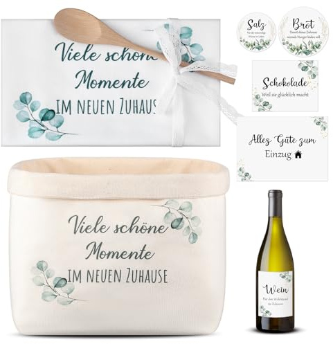 Sinmoe Geschenk zum Einzug Brotkorb mit Geschirrtuch Einzugsgeschenke Haus | Viele Schöne Momente im Neuen Zuhause, Brot Salz Wein Aufkleber, Kochlöffel, Einweihungsgeschenk, Zum Wohnung Richtfest