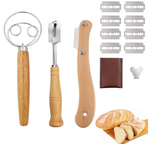 Helweet Cuchilla Panadero, Batidor de Masa Danés, Cuchillo para Masa, Mango de Madera Batidora, con 10 Cuchillas, para Pasta, Pizza, Postres y Repostería