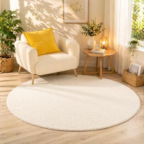 Goolela Teppich rund Weiß 150 cm Wohnzimmer, Runder Flauschiger Hochflor Teppich, Weich