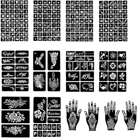 247 Stück Henna Schablonen Set, 14 Blätter Wiederverwendbare Temporäre Tattoo Vorlagen, Henna Schablonen für Frauen, Mädchen und Teens, Ideal für Gesicht, Finger, Fuß, Party und Body Art