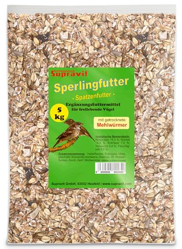 Supravit Spatzenfutter & Sperlingsfutter 5kg – Premium Wildvogelfutter | mit Mehlwürmern | Energie- & Proteinreiches Ganzjahresfutter für Spatzen, Gartenvögel & heimische Wildvögel