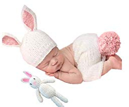 Matissa Newborn Baby Girl/Boy Crochet Knit Costume Photography Prop Outfits (White Bunny and Doll Set)