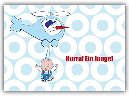 16er Set: Super süße Buben Babykarte mit Storch im Helikopter: Hurra! Ein Junge! • fröhliche Grusskarte, Geschenk-karte zur Geburt um der jungen Familie zu gratulieren geschäftlich & privat