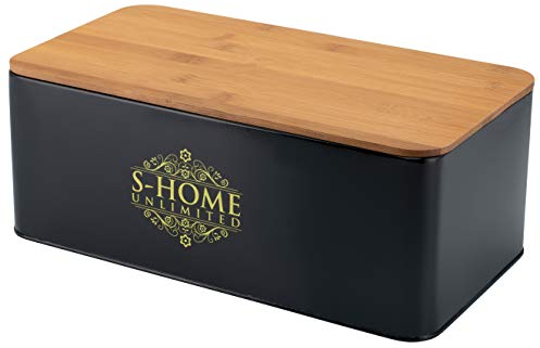 S-Home Unlimited Brotkasten schwarz mit Bambusdeckel | 2in1 Brotbox & Schneidebrett | Belüftung gegen Schimmel | Brot länger frisch halten | Brotaufbewahrung Küche modern