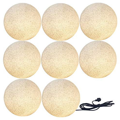 Trango 8er Set 200GB LED Kugel Granitstein-Optik Gartenkugel IP65 Kugelleuchte in 20cm Durchmesser inkl. je 1x 5 Watt E27 LED Leuchtmittel mit je 5 Meter Kabel, Kugellampe, Gartenleuchte, Außenlampe