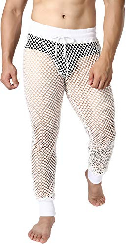JOGAL Men's Mesh Fishnet See Through Pants Stretchy Muscle Leggings Medium White