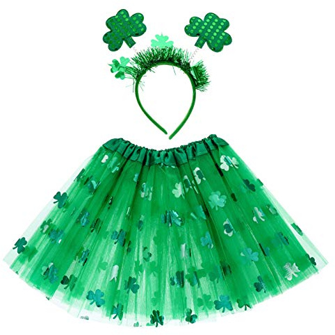Amosfun 1 Ensemble de Costume de trèfle pour la Saint Patrick avec Tutu et Bandeau à Feuilles Vertes pour Fille